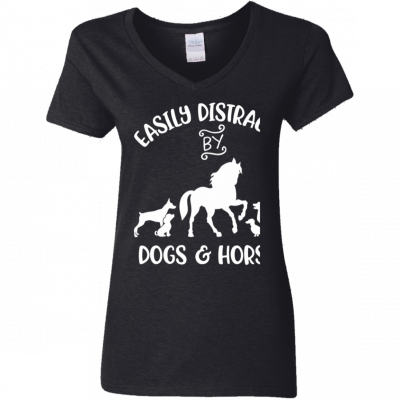 Easily Distracted By Dogs And Horses Women Kids Horse Girl Ladies’ V-Neck T-Shirt
